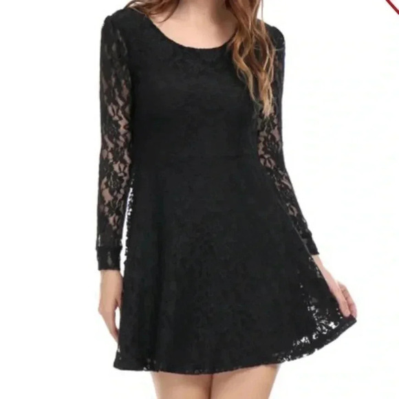 Navy Scoop Neck Long Sleeves Lace Dress - Picture 1 of 5